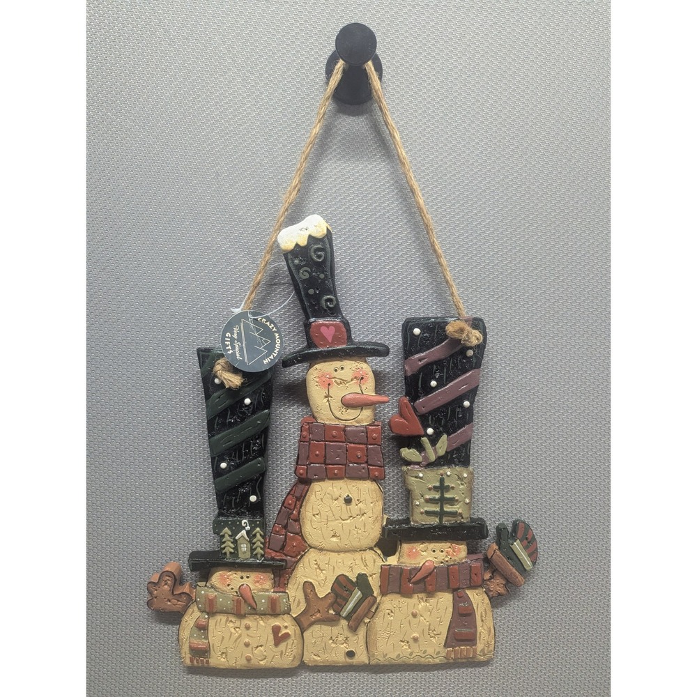 VTG Crazy Mountain Snowman Trio Wall Hanging Rustic Christmas Decor Tags Winter